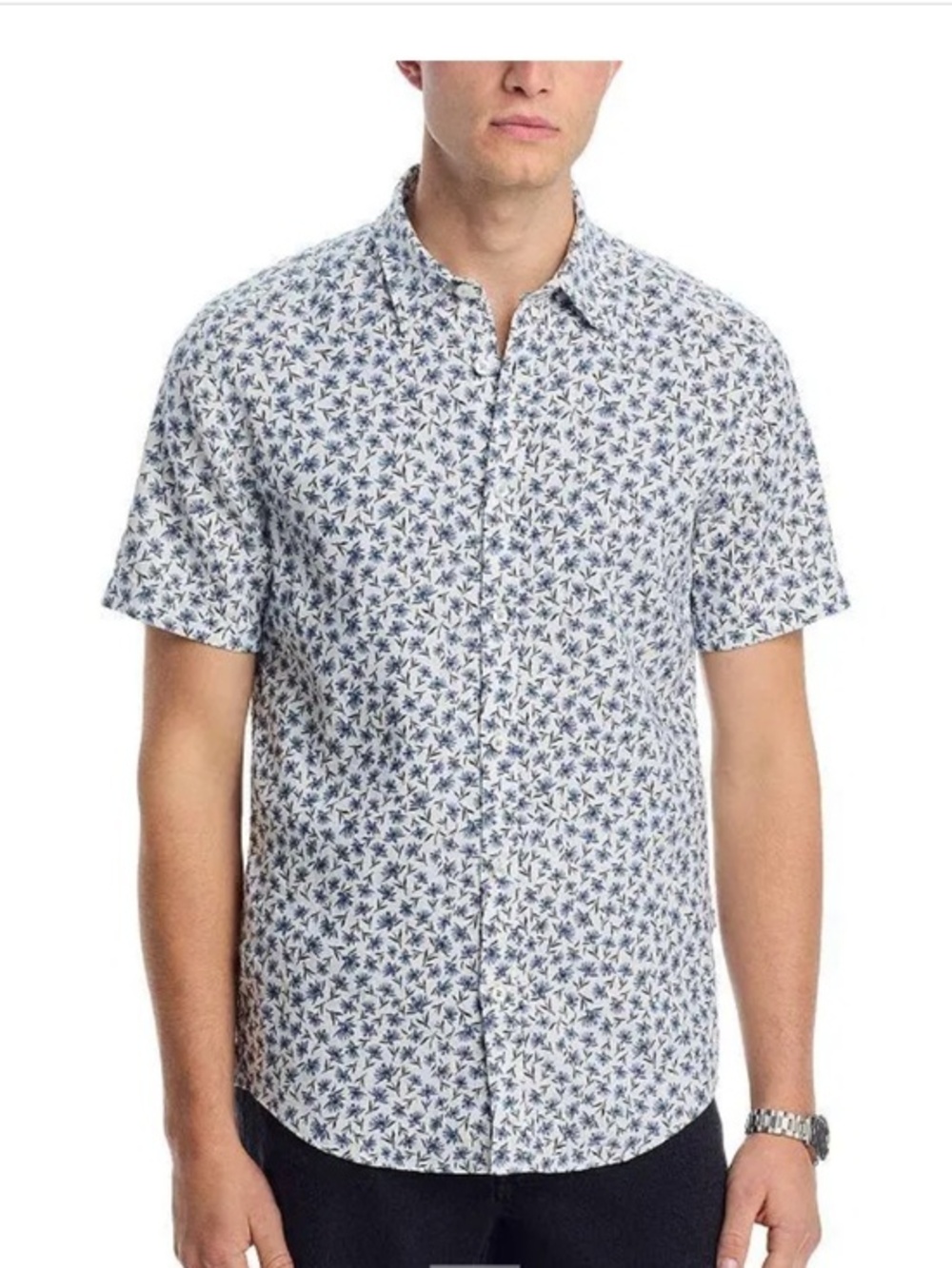 Hugo Boss Slim Fit Linen White Blue Short Sleeve Roan Shirt New